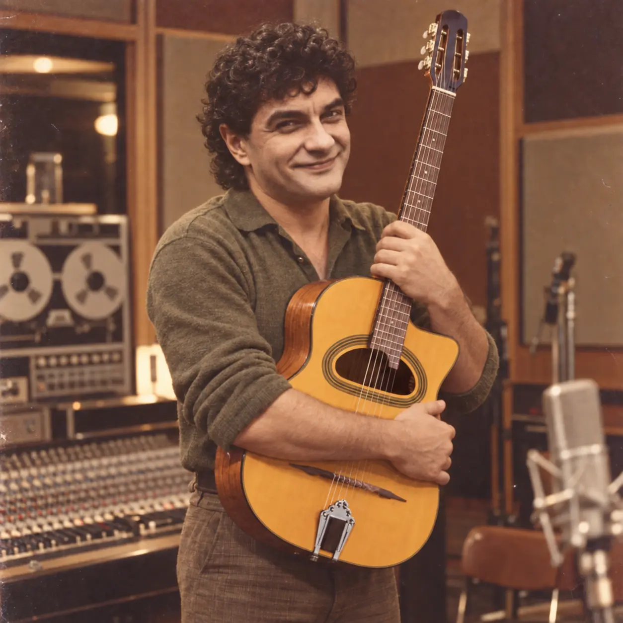 Enzo Mitidieri stringe al petto la sua chitarra nello studio di registrazione