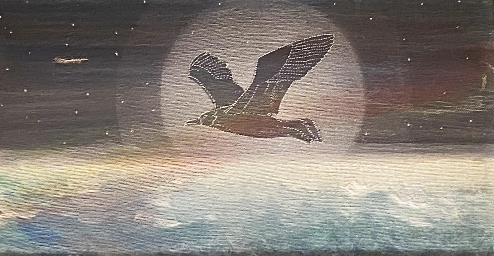 Raul Lovisoni, Gabbiano N°7: un gabbiano in volo davanti alla luna sul mare notturno