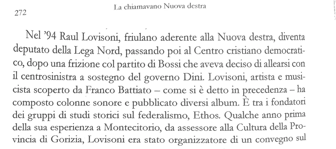 Giovanni Tarantino, La chiamavano Nuova destra, pagina 272: il passo su Raul Lovisoni