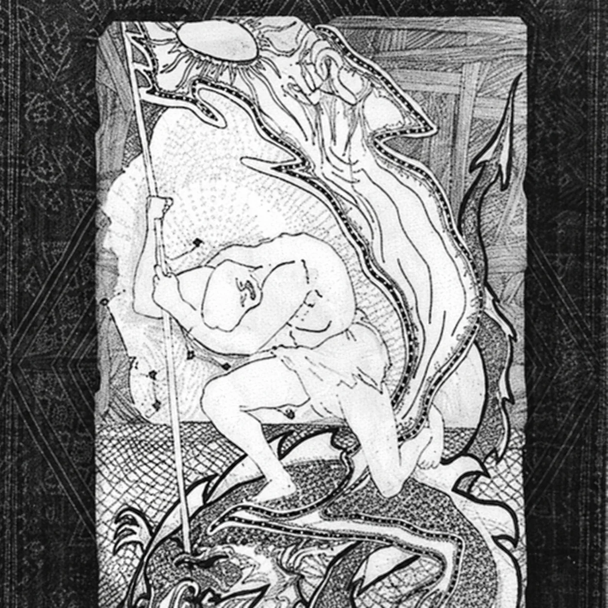 Raul Lovisoni, disegno a china: figura con stendardo solare sopra il drago
