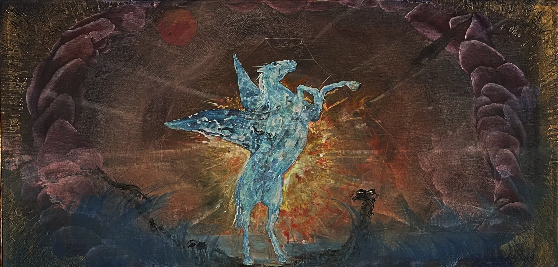 Raul Lovisoni, Vincere il drago, tecnica mista, 58×120 cm: cavallo alato azzurro